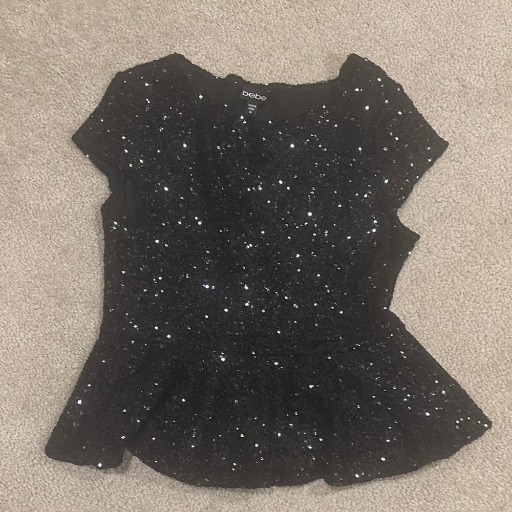 Bebe Black Sequin Peplum Top